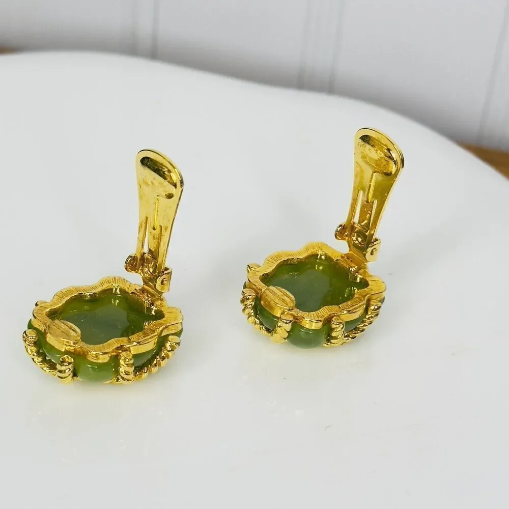 Vintage KJL Kenneth J Lane Earrings Gold Rope Quilted Green Lucite Clip On 1133 - Picture 13 of 15